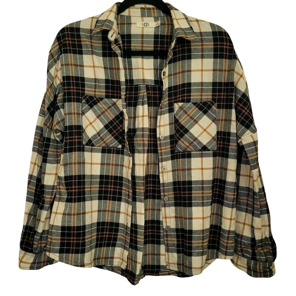 UGG XS‎ Plaid Flannel Button-Up Shirt 100% Cotton Black White Tan Long Sleeve